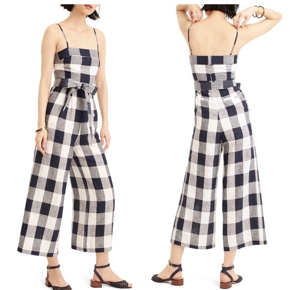 J.Crew Gingham Beauchamps 100% Linen Spaghetti Strap Jumpsuit Blue White Size 2